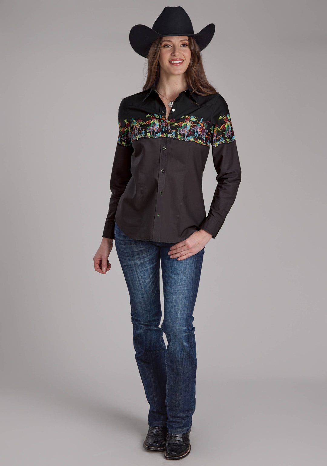 WOMENS SCRIBBLE BULLRIDERS BORDER SCENIC LONG SLEEVE SNAP WESTERN SHIRT