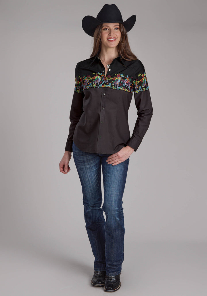 WOMENS SCRIBBLE BULLRIDERS BORDER SCENIC LONG SLEEVE SNAP WESTERN SHIRT