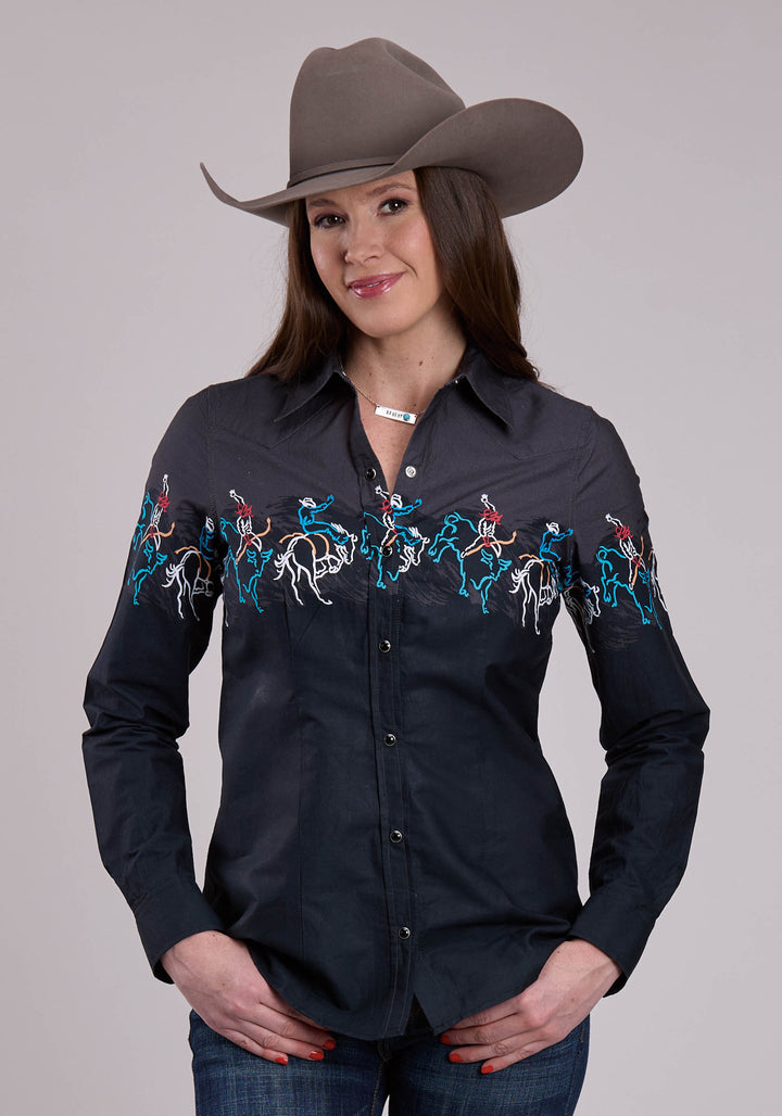 WOMENS LONG SLEEVE SNAP PAINTERLY RODEO BORDER SCENIC PRINT WESTERN SHIRT