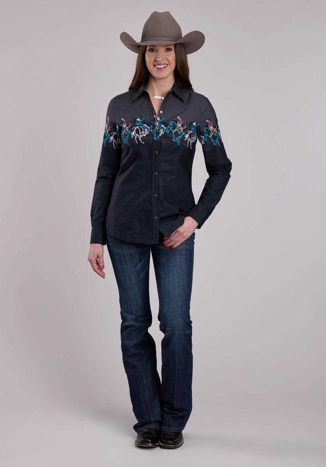 WOMENS LONG SLEEVE SNAP PAINTERLY RODEO BORDER SCENIC PRINT WESTERN SHIRT