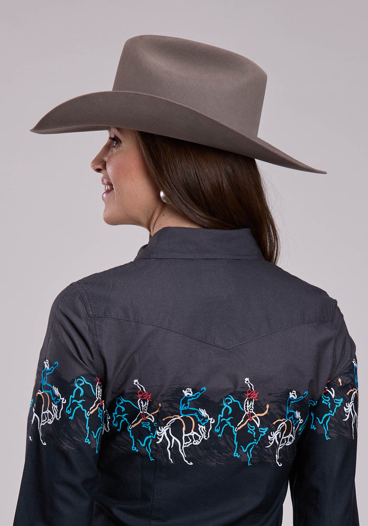 WOMENS LONG SLEEVE SNAP PAINTERLY RODEO BORDER SCENIC PRINT WESTERN SHIRT