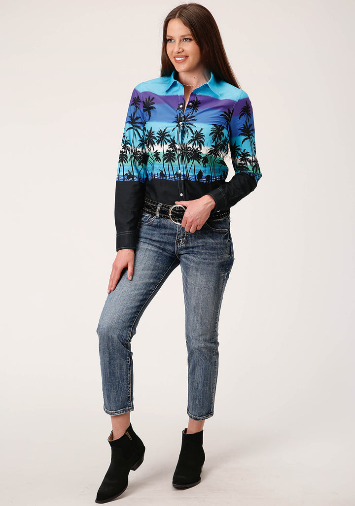 WOMENS LONG SLEEVE SNAP BEACH ROUNDUP BORDER WESTERN SHIRT