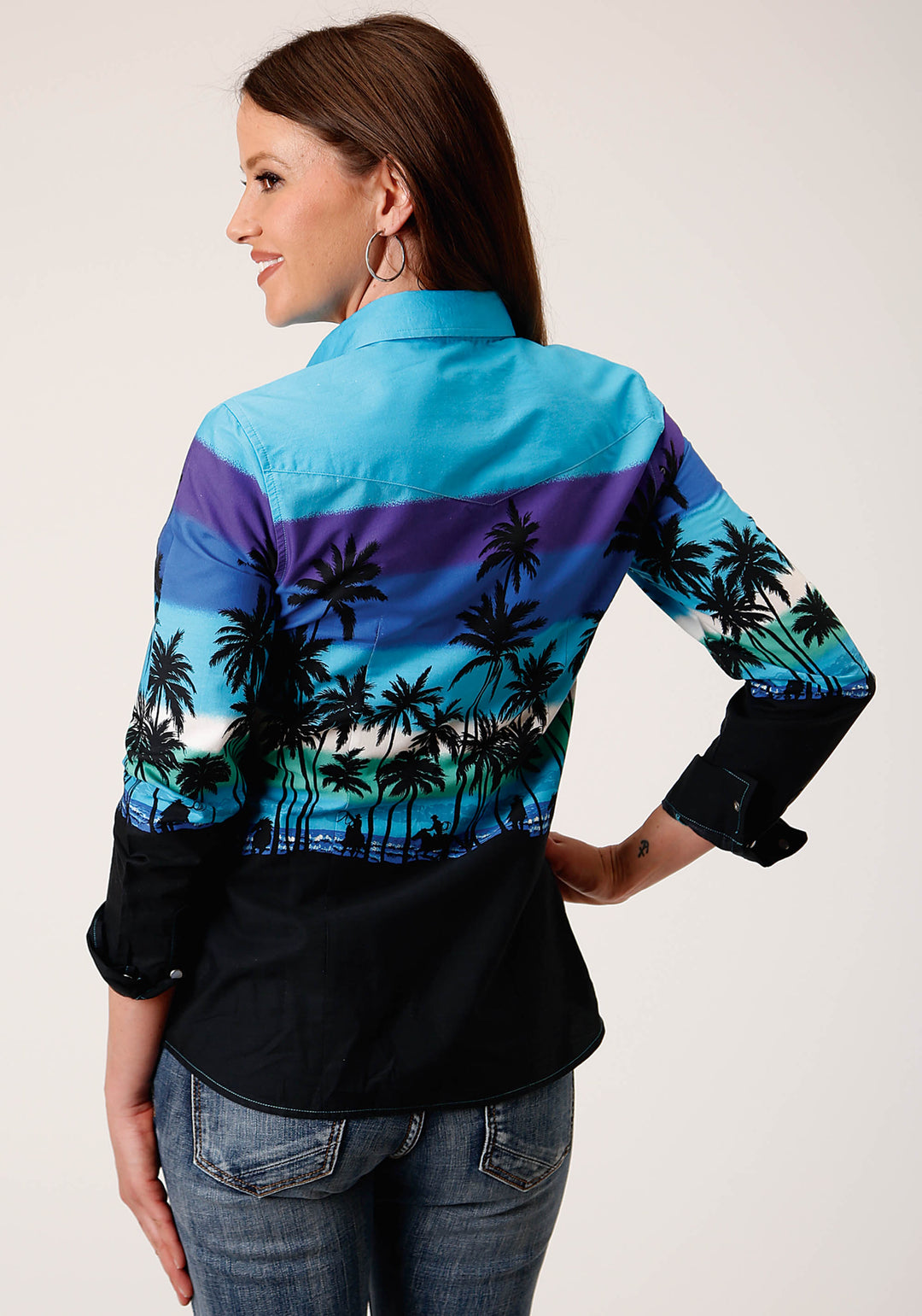 WOMENS LONG SLEEVE SNAP BEACH ROUNDUP BORDER WESTERN SHIRT