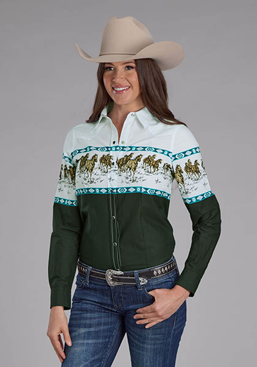 WOMENS RUNNING HORSE BORDER LONG SLEEVE SNAP WESTERN SHIRT