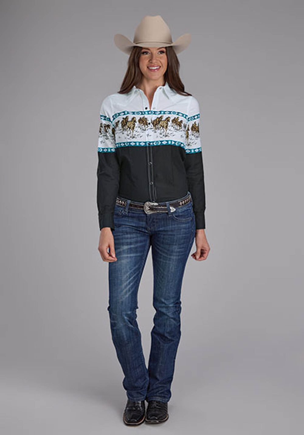 WOMENS RUNNING HORSE BORDER LONG SLEEVE SNAP WESTERN SHIRT