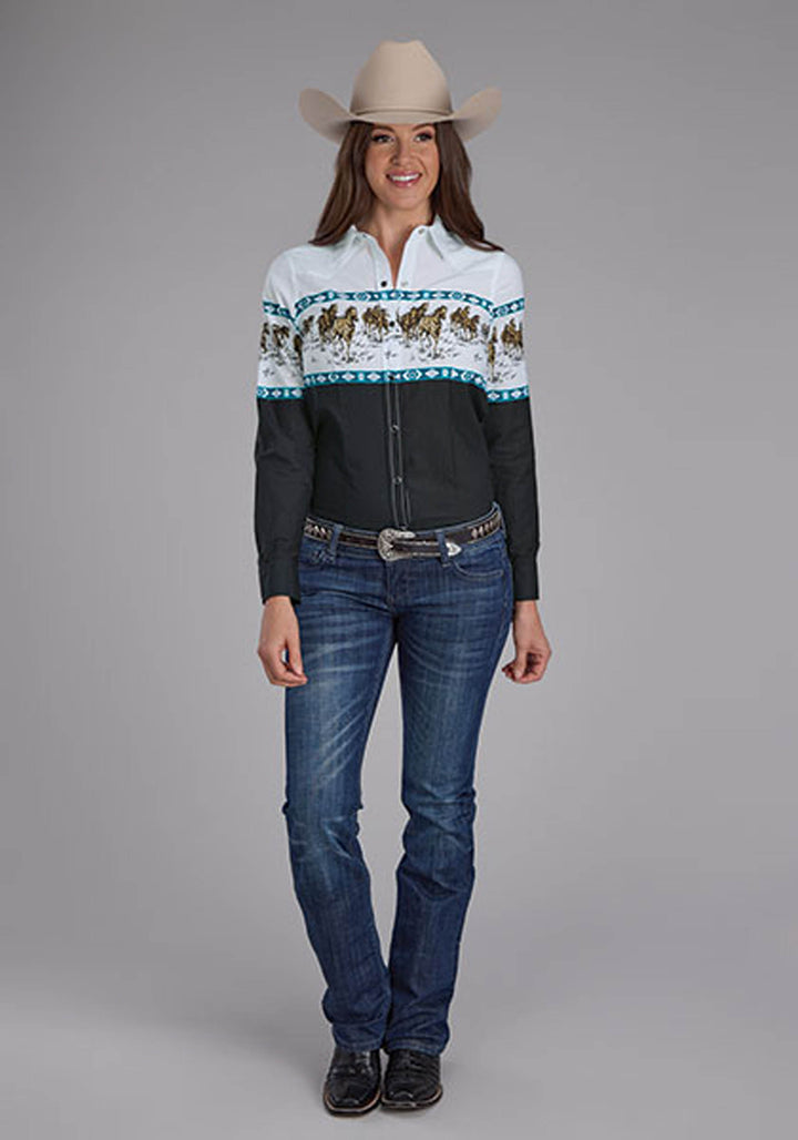 WOMENS RUNNING HORSE BORDER LONG SLEEVE SNAP WESTERN SHIRT
