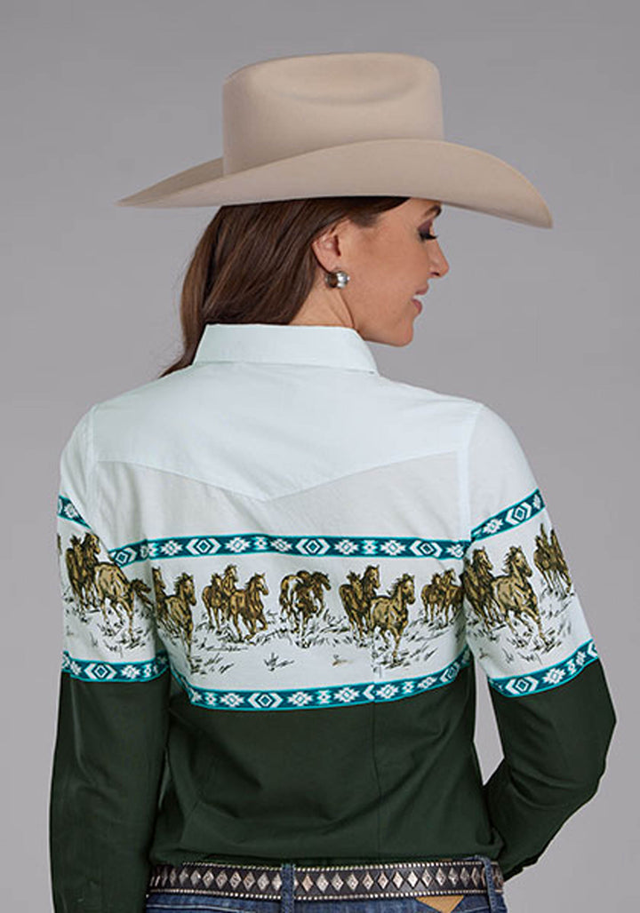 WOMENS RUNNING HORSE BORDER LONG SLEEVE SNAP WESTERN SHIRT