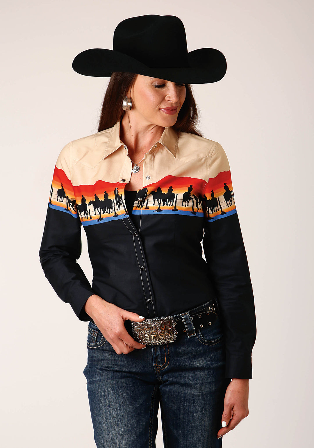 WOMENS LONG SLEEVE SNAP DAYS END SCENIC BORDER WESTERN SHIRT