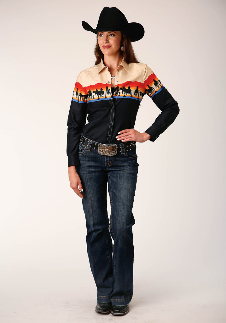 WOMENS LONG SLEEVE SNAP DAYS END SCENIC BORDER WESTERN SHIRT
