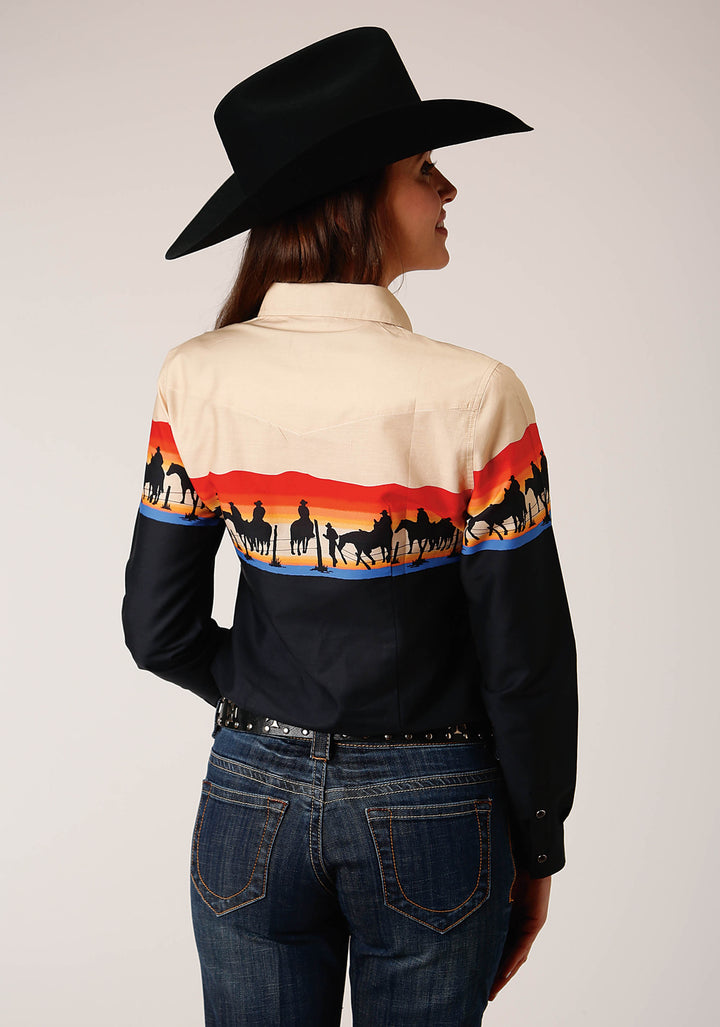 WOMENS LONG SLEEVE SNAP DAYS END SCENIC BORDER WESTERN SHIRT