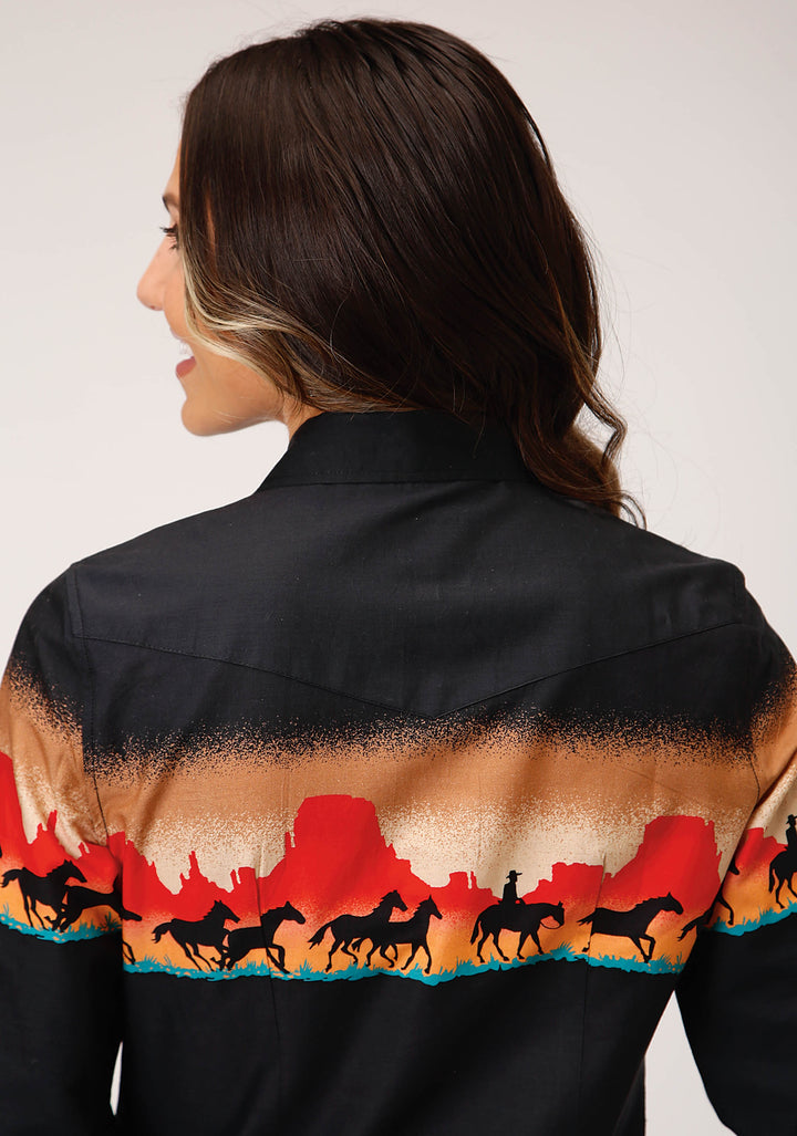WOMENS LONG SLEEVE SNAP RED MESA BORDER  SCENIC WESTERN SHIRT