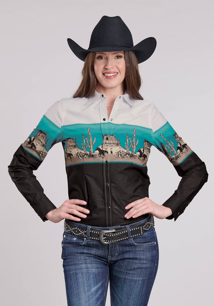 WOMENS LONG SLEEVE SNAP SCENIC BORDER WESTERN SHIRT