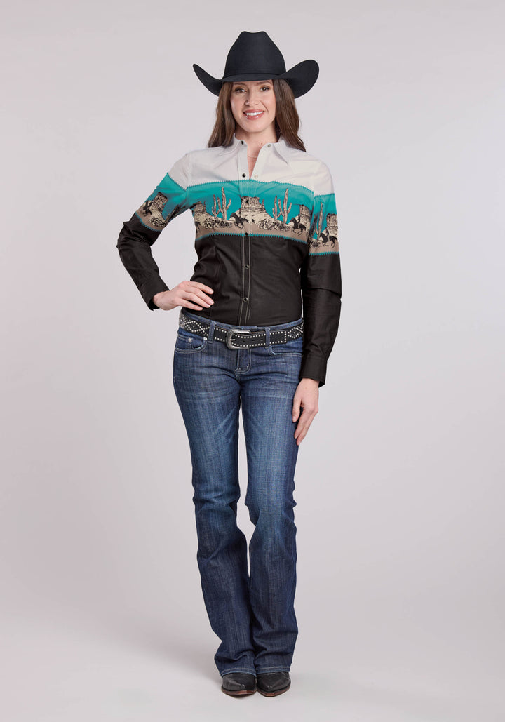 WOMENS LONG SLEEVE SNAP SCENIC BORDER WESTERN SHIRT