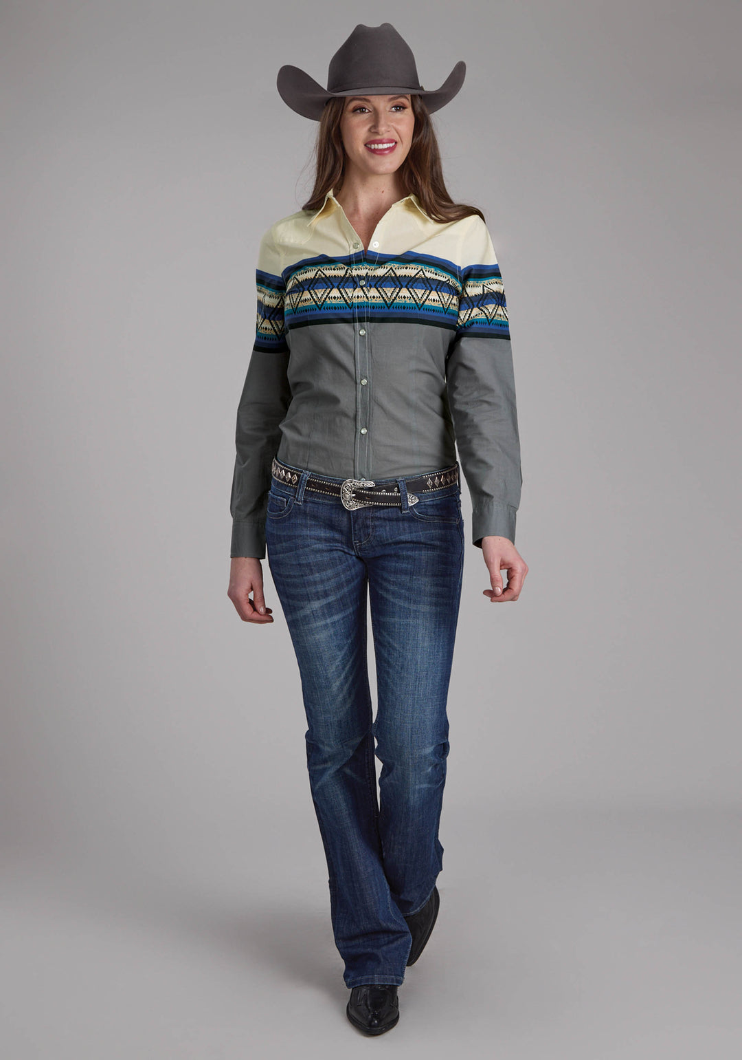 WOMENS RETRO DIAMOND BORDER LONG SLEEVE SNAP WESTERN SHIRT