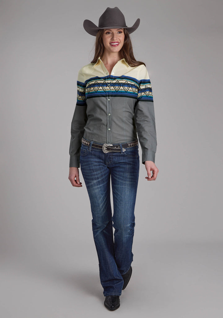 WOMENS RETRO DIAMOND BORDER LONG SLEEVE SNAP WESTERN SHIRT