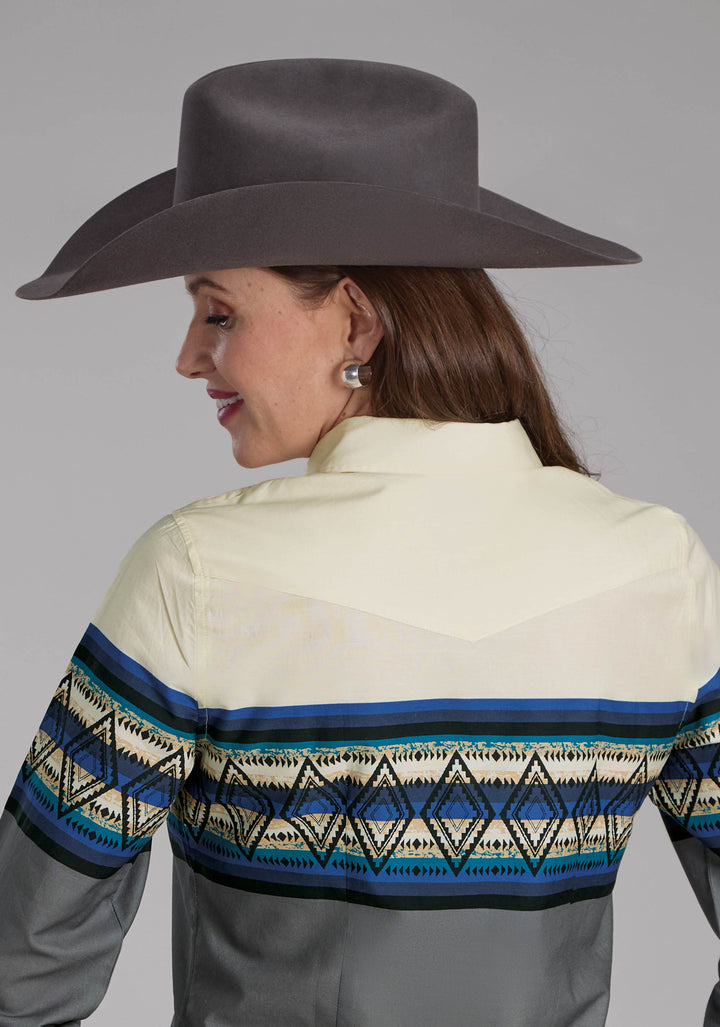 WOMENS RETRO DIAMOND BORDER LONG SLEEVE SNAP WESTERN SHIRT