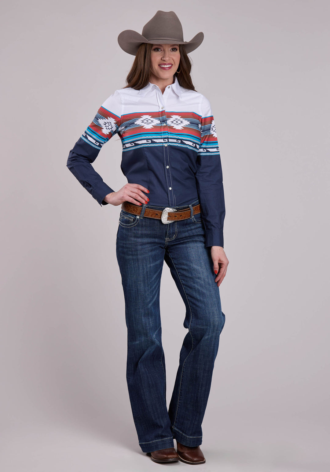 WOMENS LONG SLEEVE SNAP HORIZONTAL AZTEC OMBRE BORDER PRINT WESTERN SHIRT