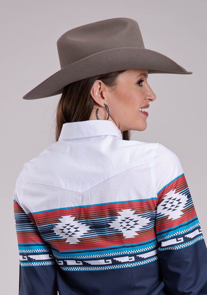 WOMENS LONG SLEEVE SNAP HORIZONTAL AZTEC OMBRE BORDER PRINT WESTERN SHIRT