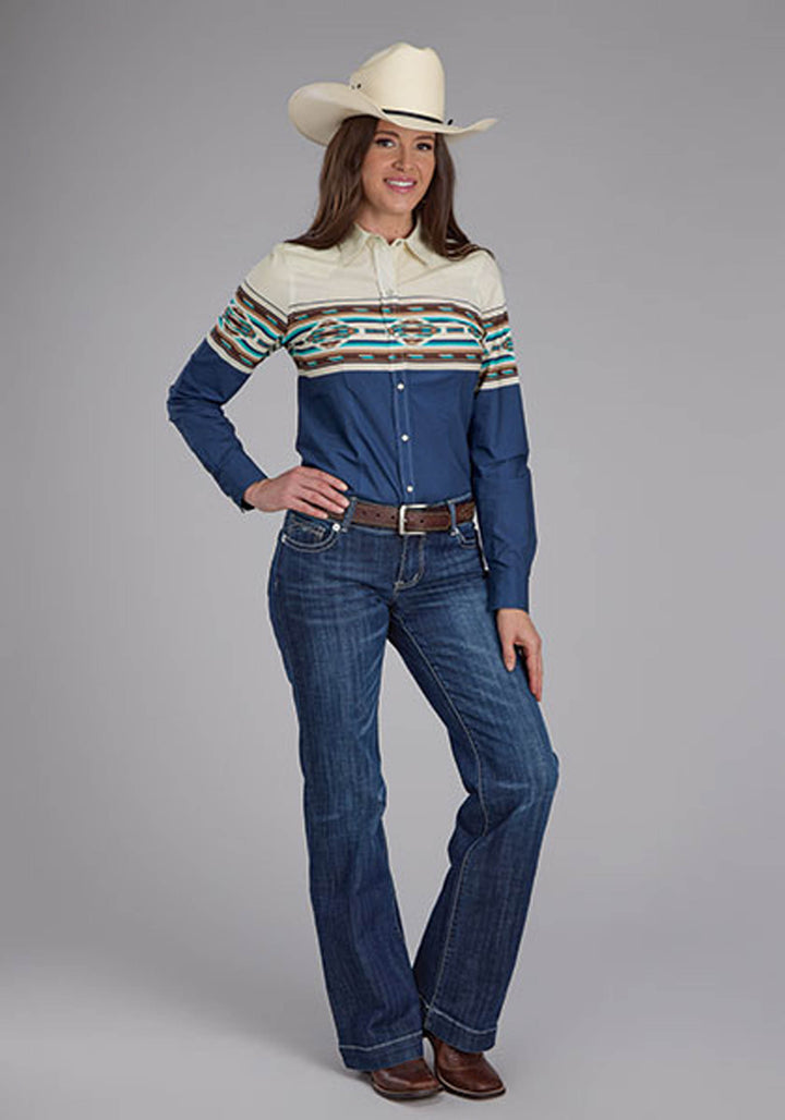 WOMENS VINTAGE AZTEC BORDER LONG SLEEVE SNAP WESTERN SHIRT