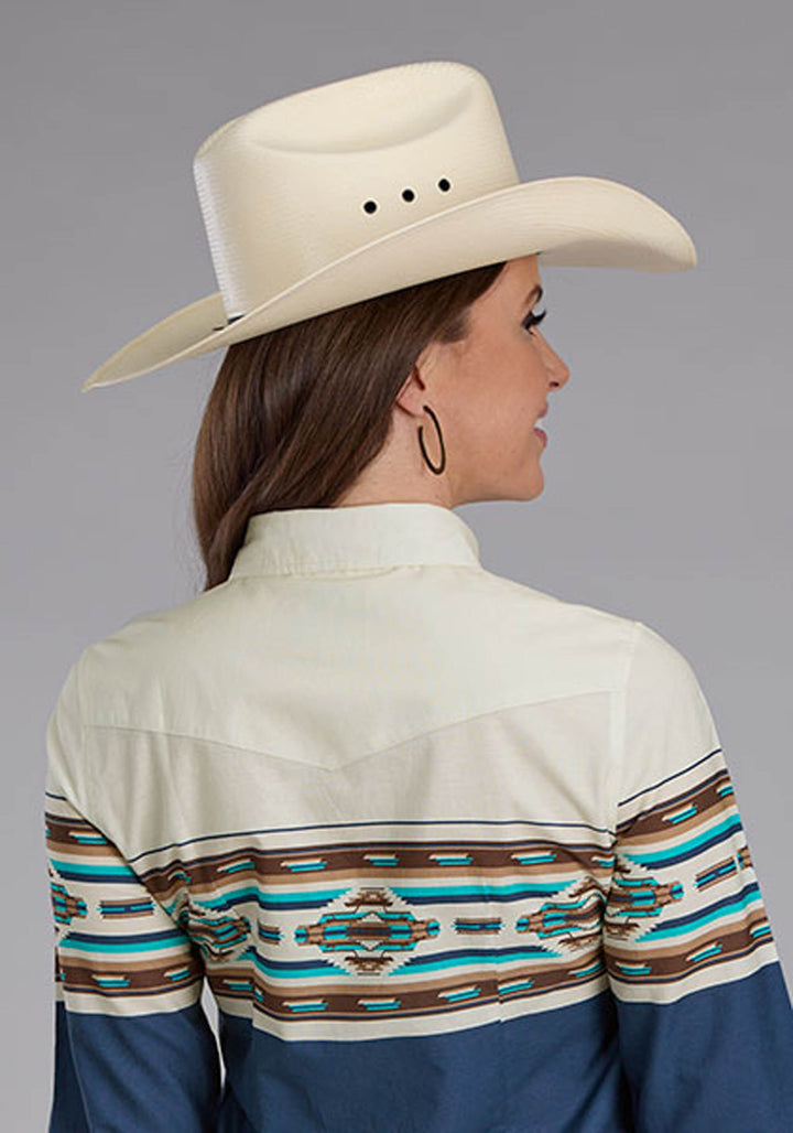 WOMENS VINTAGE AZTEC BORDER LONG SLEEVE SNAP WESTERN SHIRT