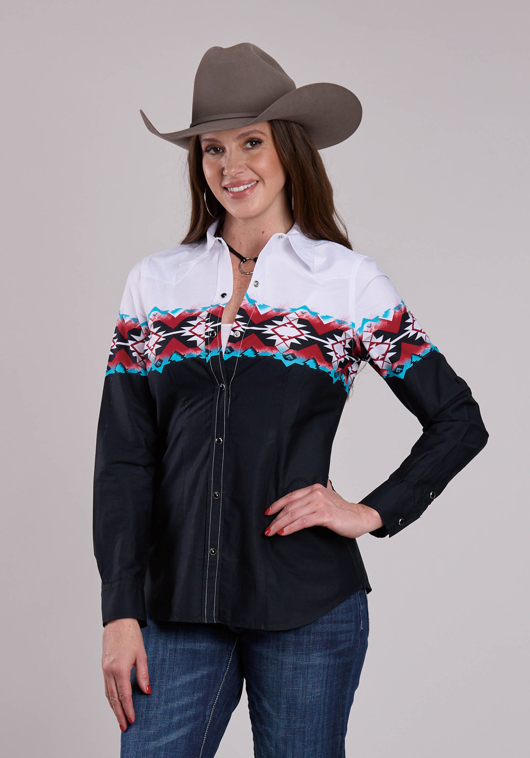 WOMENS ROPER STAMPLED AZTEC BORDER LONG SLEEVE SNAP SHIRT