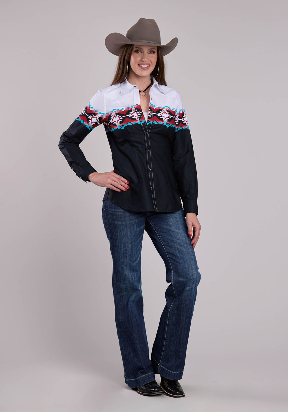 WOMENS ROPER STAMPLED AZTEC BORDER LONG SLEEVE SNAP SHIRT
