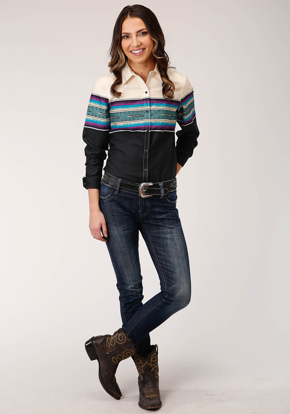 WOMENS LONG SLEEVE SNAP GREENLINE SERAPE BORDER WESTERN SHIRT