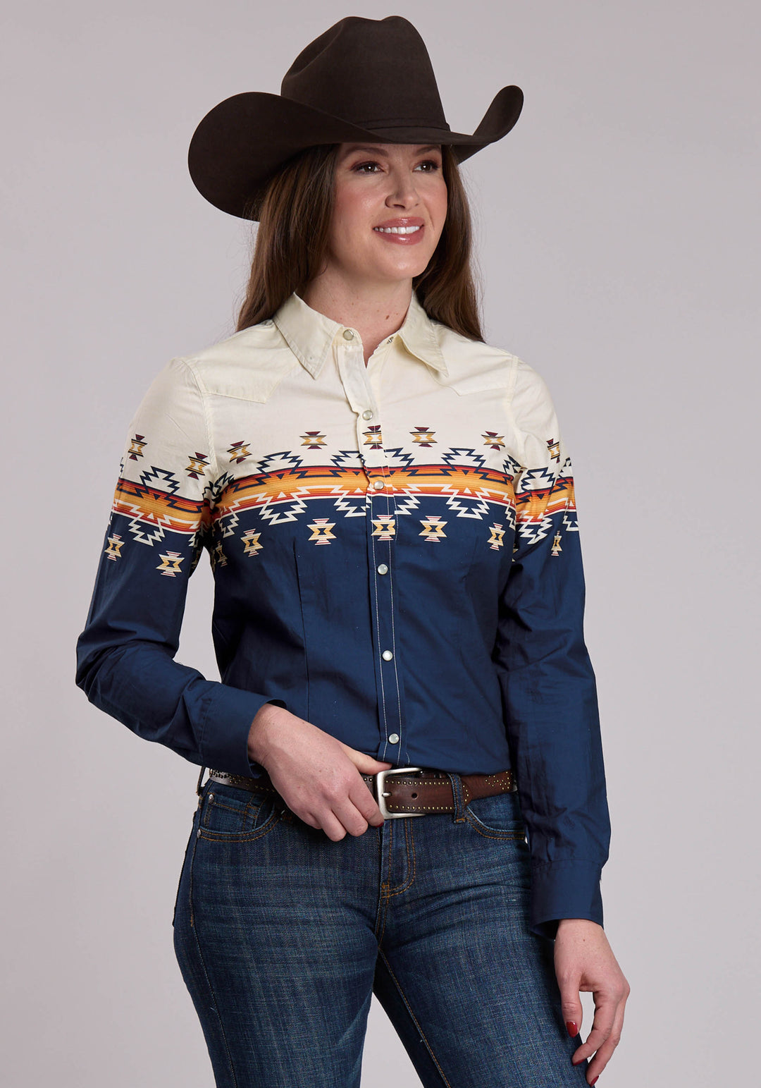 WOMENS ROPER OMBRE AZTEC BORDER WESTERN BUTTON UP SHIRT