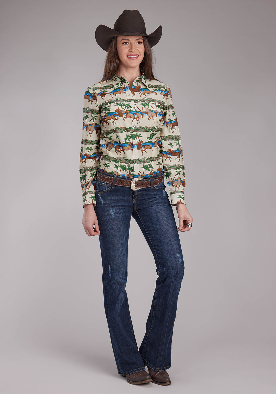 WOMENS 3 TROPICAL HORSES LONG SLEEVE SNAP WESTERN SHIRT
