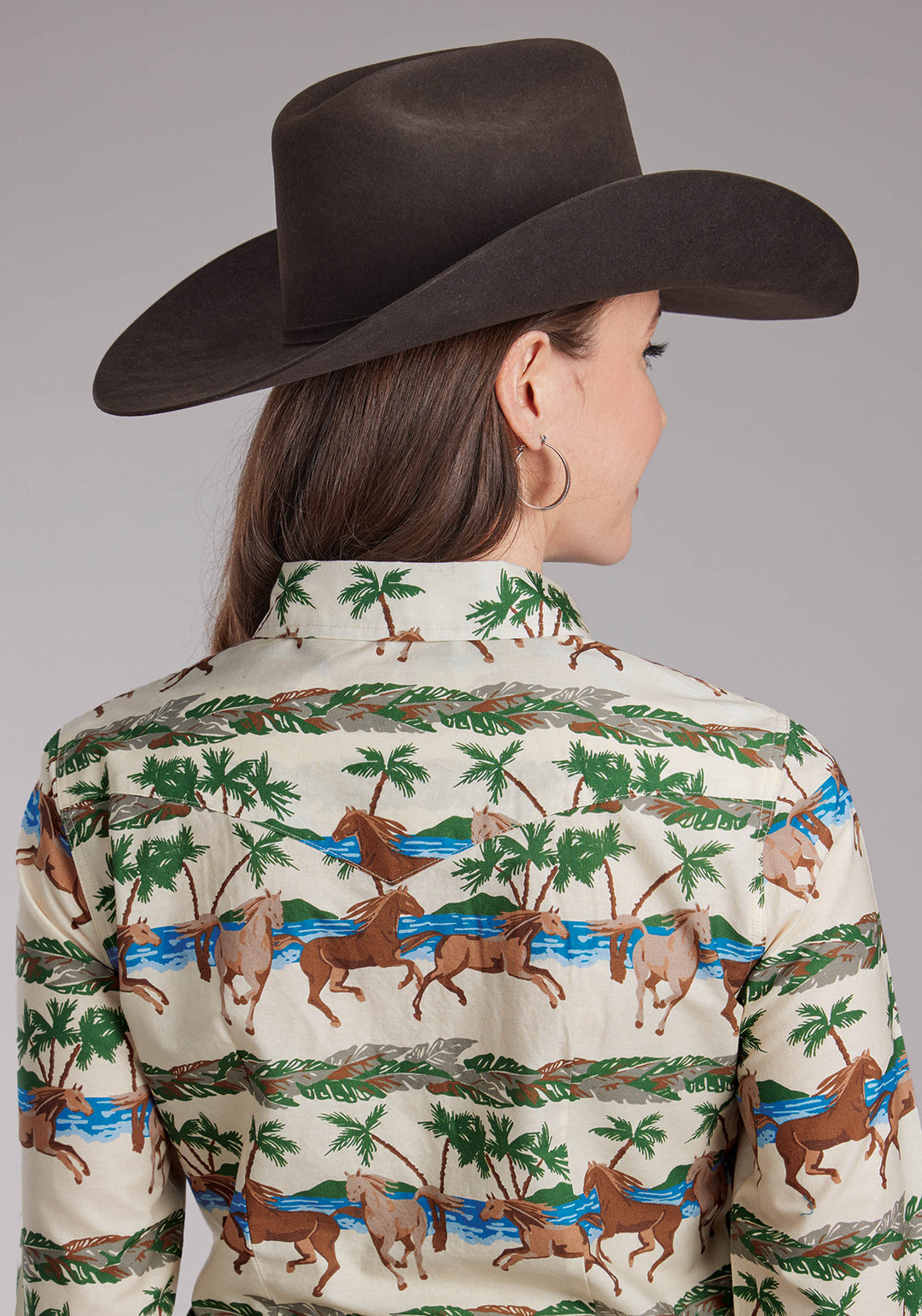 WOMENS 3 TROPICAL HORSES LONG SLEEVE SNAP WESTERN SHIRT