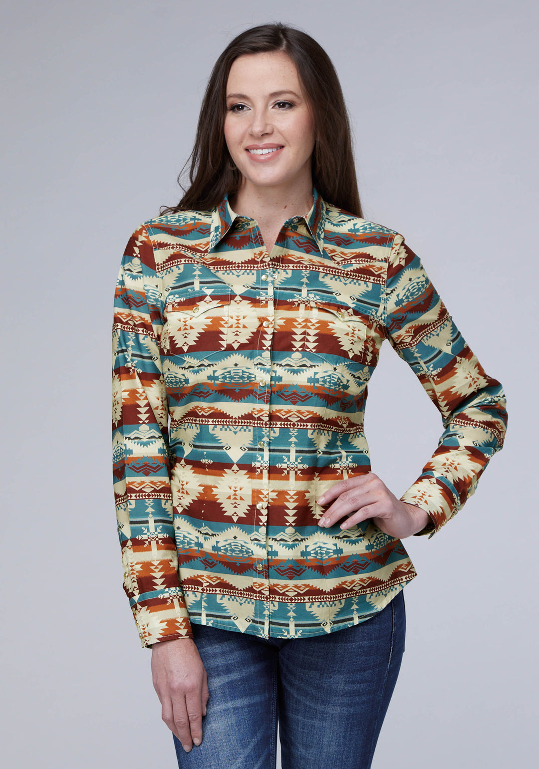WOMENS HORIZONTAL AZTEC SEREPE PRINT LONG SLEEVE SNAP WESTERN SHIRT