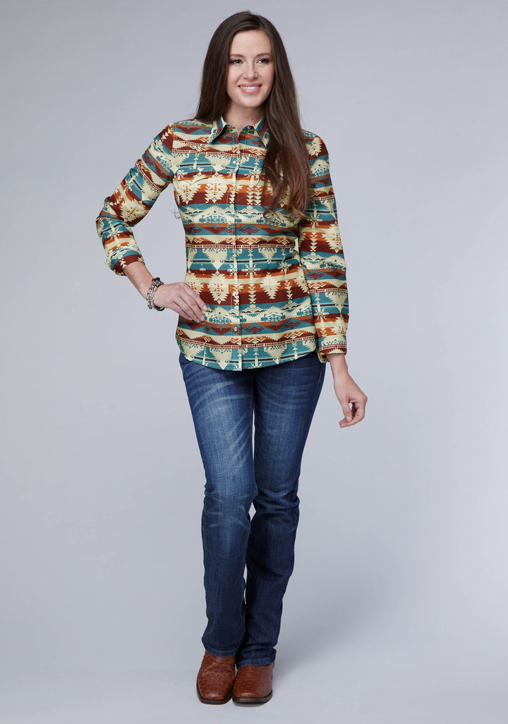 WOMENS HORIZONTAL AZTEC SEREPE PRINT LONG SLEEVE SNAP WESTERN SHIRT