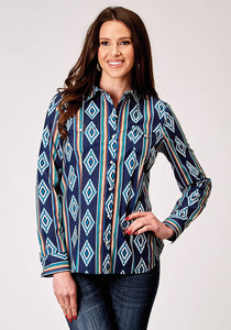 WOMENS LONG SLEEVE SNAP SERAPE STRIPE PRINT WESTERN SHIRT