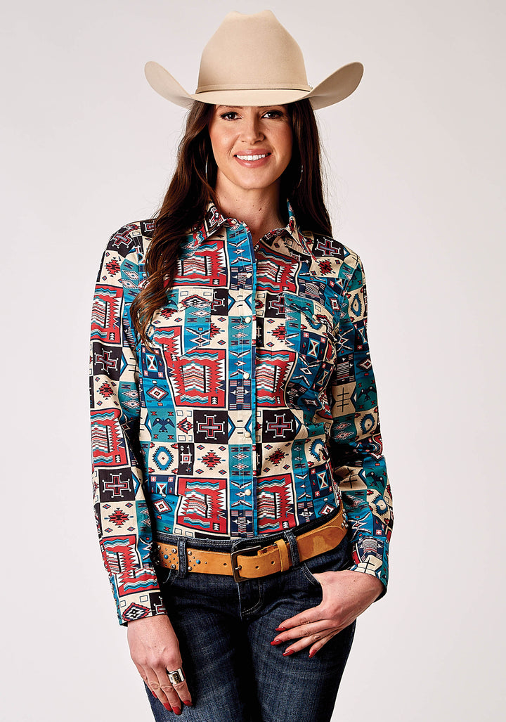 WOMENS LONG SLEEVE SNAP VINTAGE PATCHWORK PRINT WESTERN SHIRT