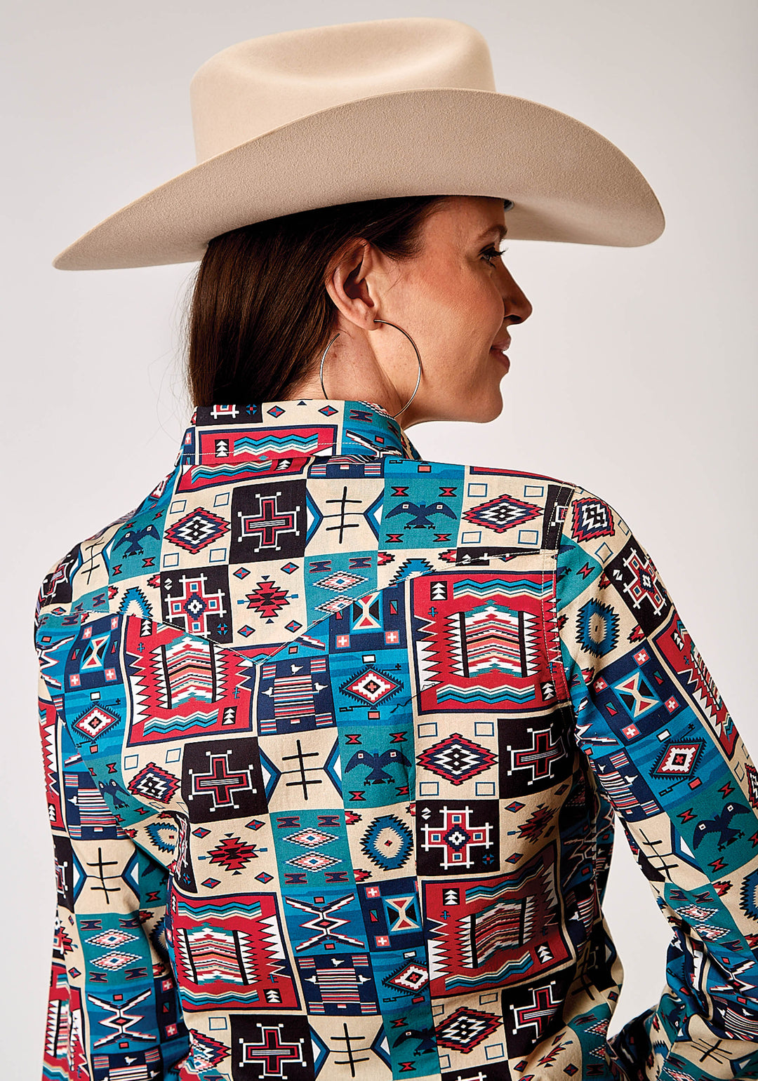 WOMENS LONG SLEEVE SNAP VINTAGE PATCHWORK PRINT WESTERN SHIRT