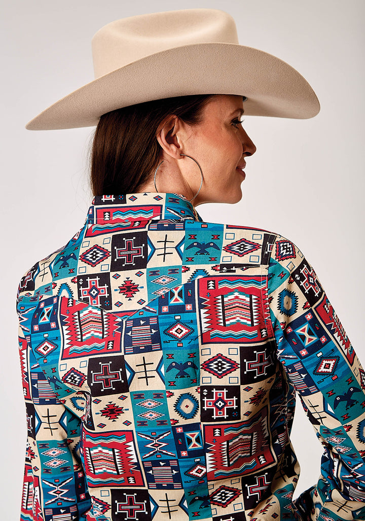 WOMENS LONG SLEEVE SNAP VINTAGE PATCHWORK PRINT WESTERN SHIRT