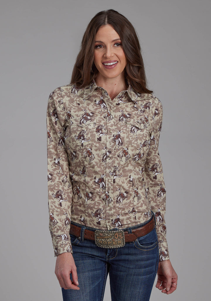 WOMENS BRUSHSTROKE COWBOYS PRINT LONG SLEEVE SNAP WESTERN SHIRT