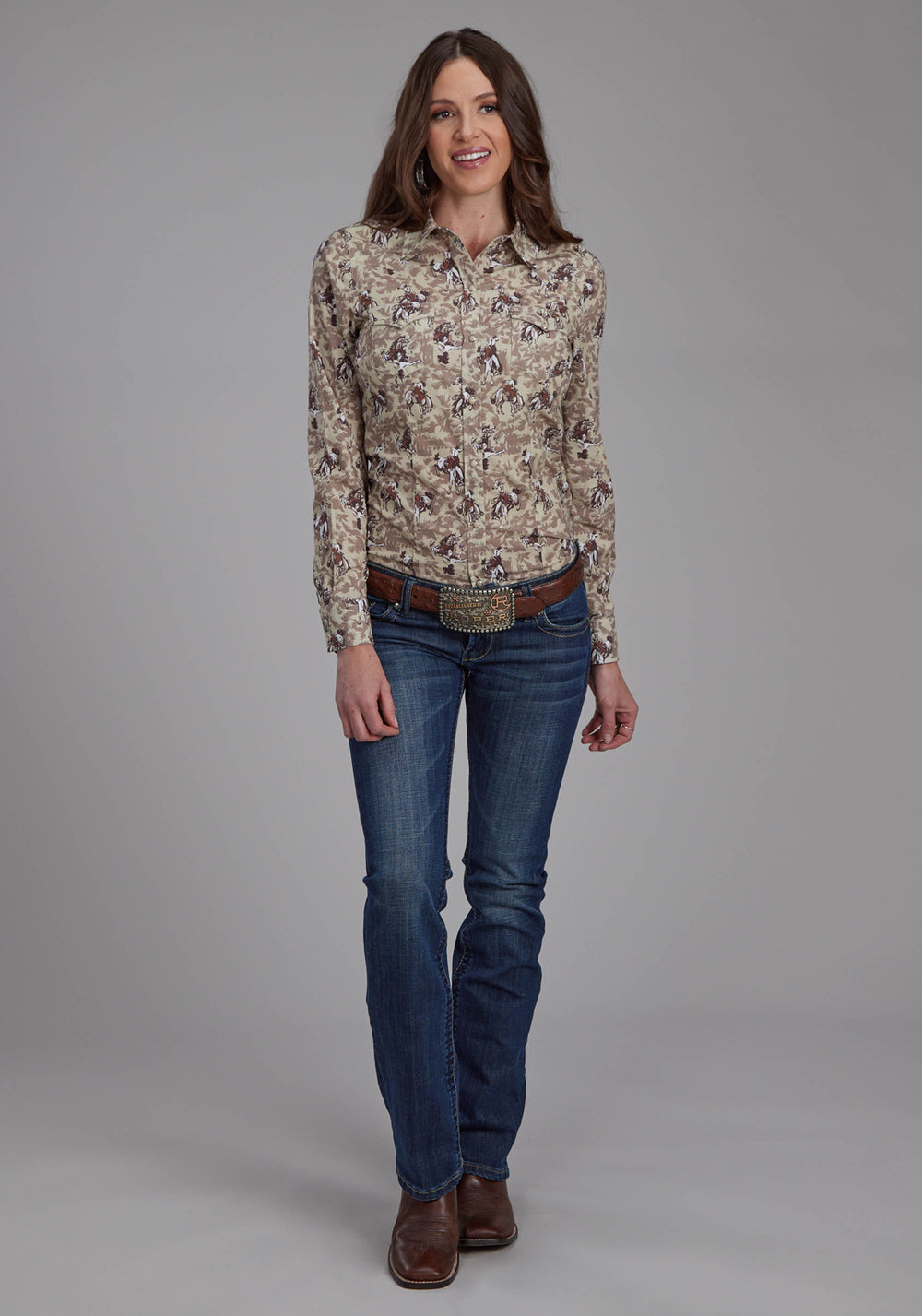 WOMENS BRUSHSTROKE COWBOYS PRINT LONG SLEEVE SNAP WESTERN SHIRT