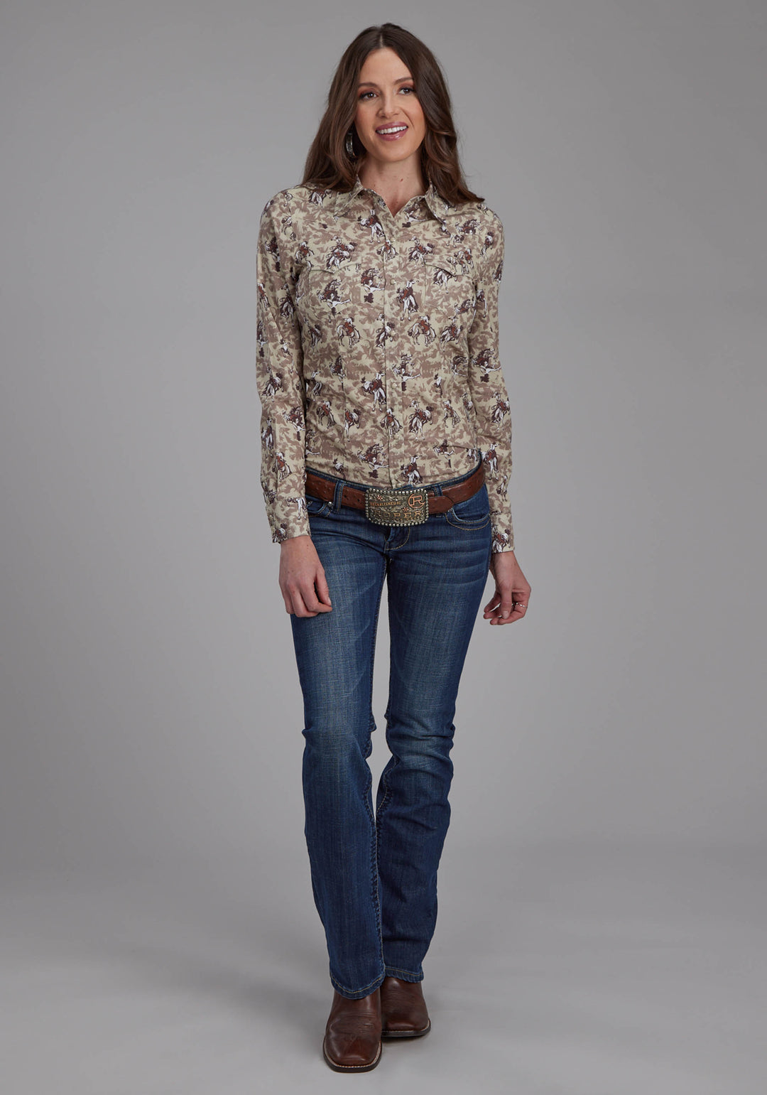 WOMENS BRUSHSTROKE COWBOYS PRINT LONG SLEEVE SNAP WESTERN SHIRT