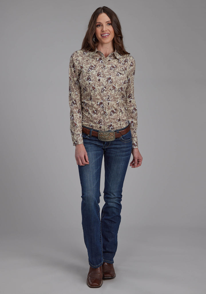 WOMENS BRUSHSTROKE COWBOYS PRINT LONG SLEEVE SNAP WESTERN SHIRT
