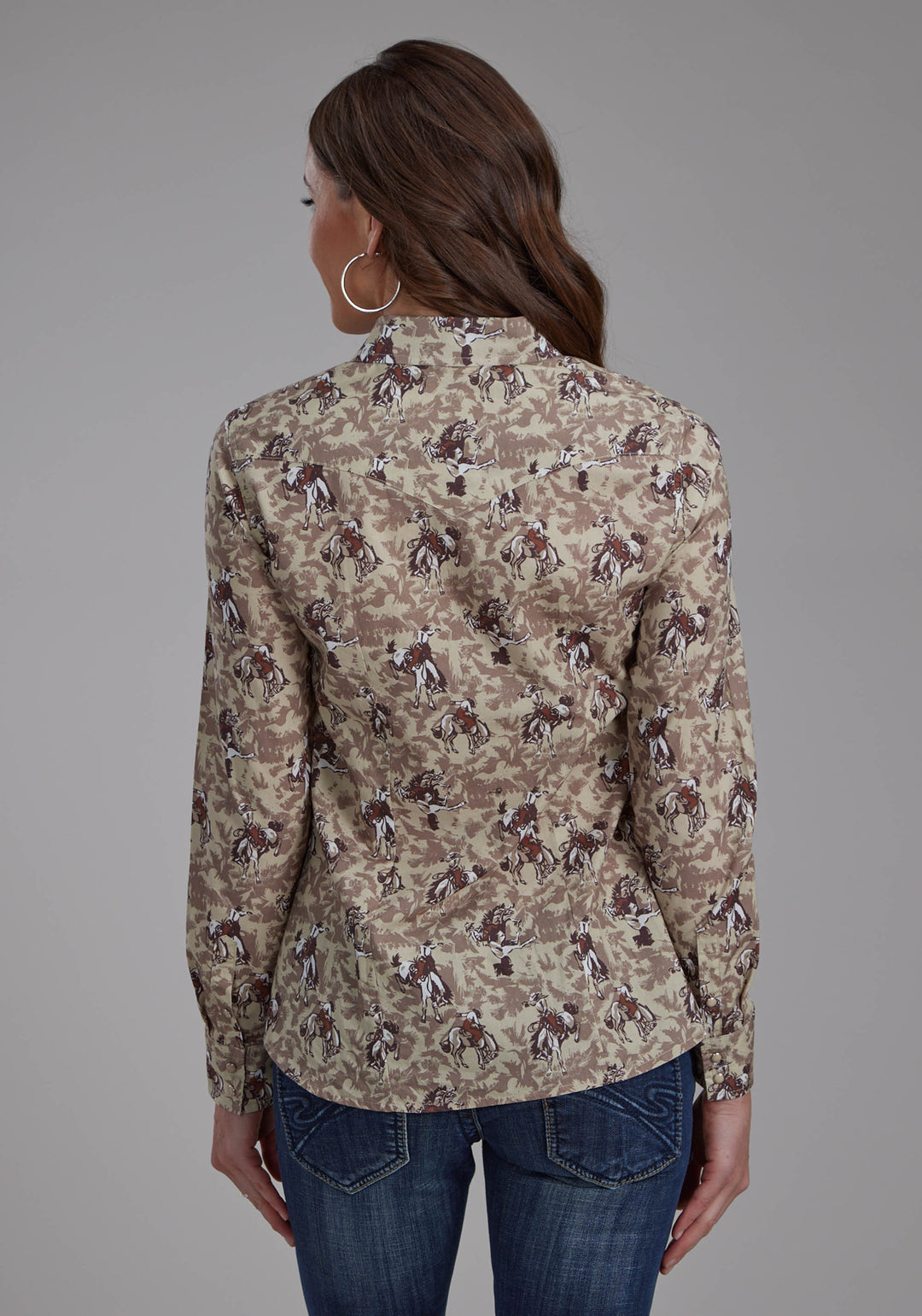 WOMENS BRUSHSTROKE COWBOYS PRINT LONG SLEEVE SNAP WESTERN SHIRT