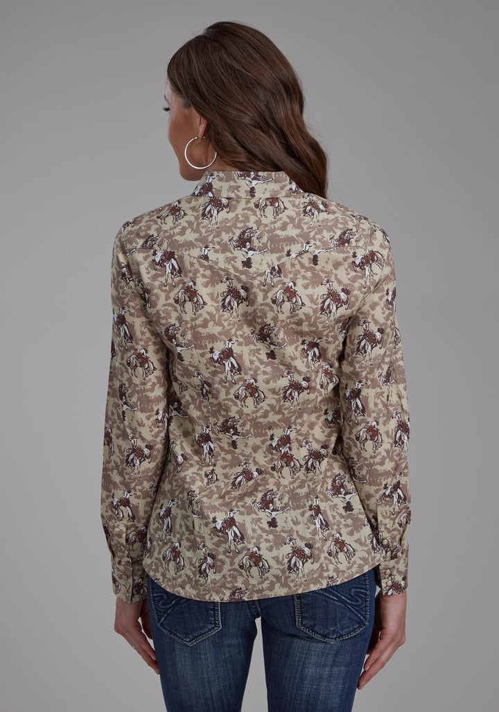 WOMENS BRUSHSTROKE COWBOYS PRINT LONG SLEEVE SNAP WESTERN SHIRT