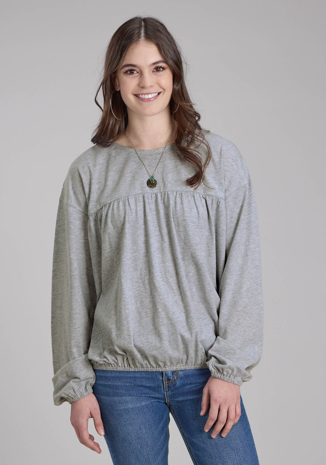 WOMENS HEATHER GRAY LONG SLEEVE BLOUSE LONG SLEEVE PULLOVER WESTERN SHIRT