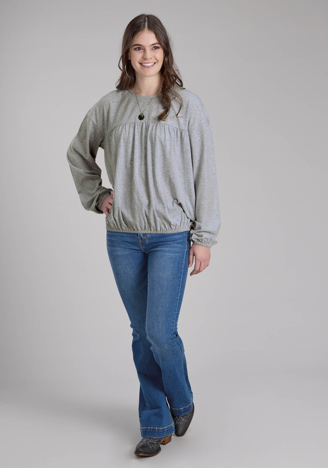 WOMENS HEATHER GRAY LONG SLEEVE BLOUSE LONG SLEEVE PULLOVER WESTERN SHIRT