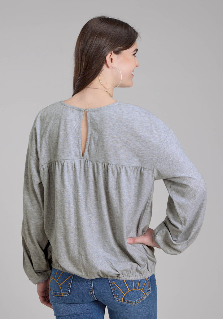 WOMENS HEATHER GRAY LONG SLEEVE BLOUSE LONG SLEEVE PULLOVER WESTERN SHIRT