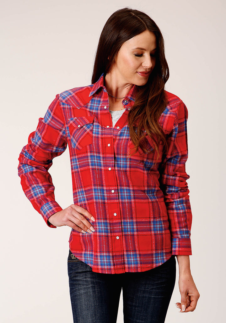 WOMENS LONG SLEEVE SNAP CORAL BLUE WHITE PLAID UNLINED FLANNEL SHIRT WESTERN SHIRT