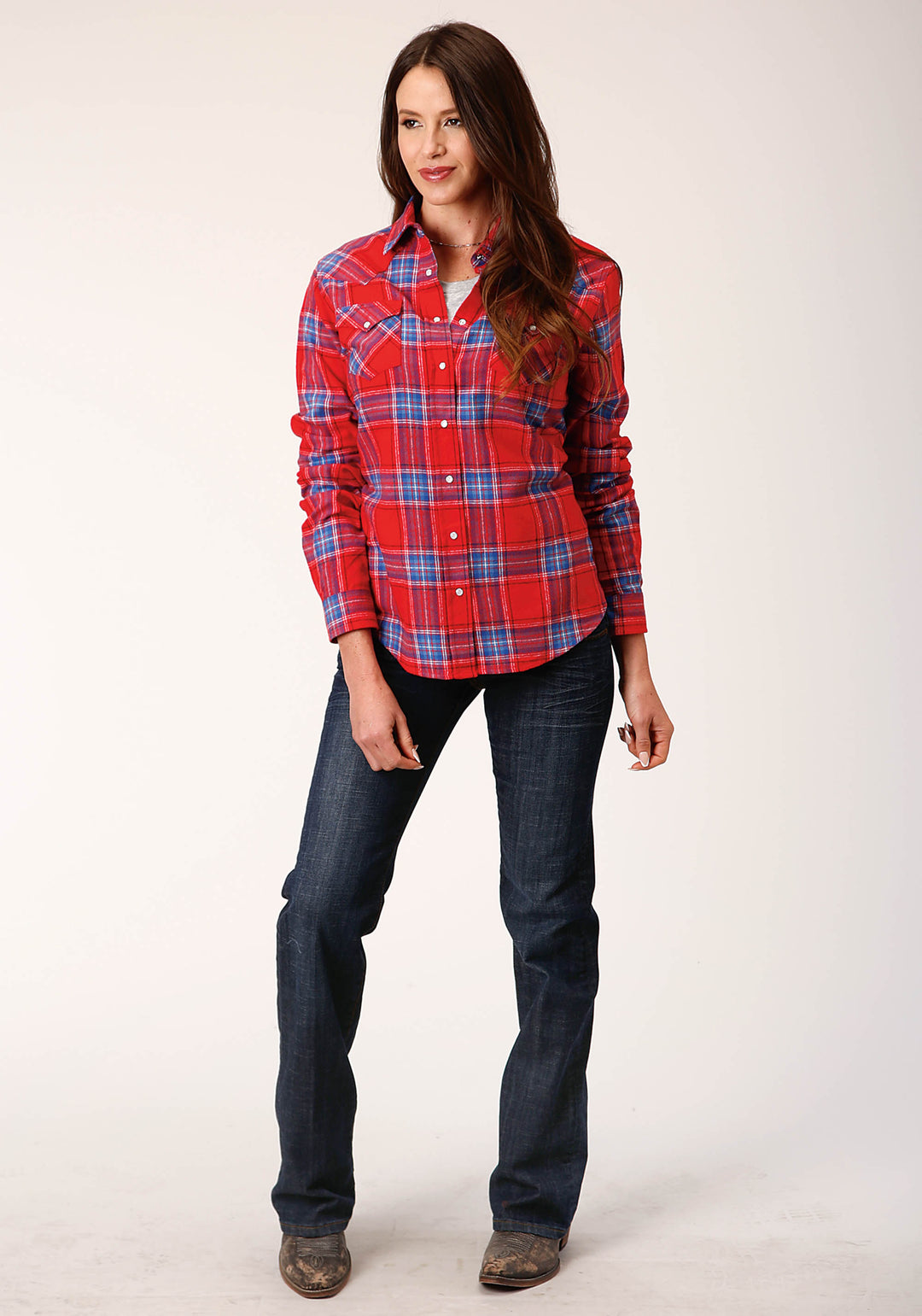 WOMENS LONG SLEEVE SNAP CORAL BLUE WHITE PLAID UNLINED FLANNEL SHIRT WESTERN SHIRT