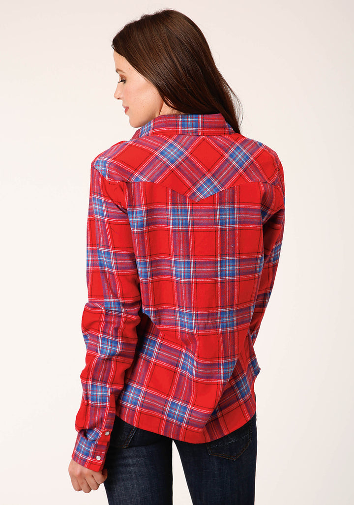 WOMENS LONG SLEEVE SNAP CORAL BLUE WHITE PLAID UNLINED FLANNEL SHIRT WESTERN SHIRT