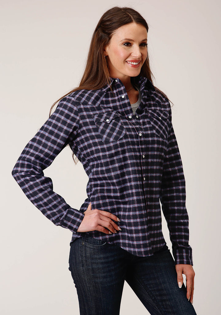WOMENS LONG SLEEVE SNAP NAVY PINK WHITE PLAID UNLINED FLANNEL SHIRT WESTERN SHIRT