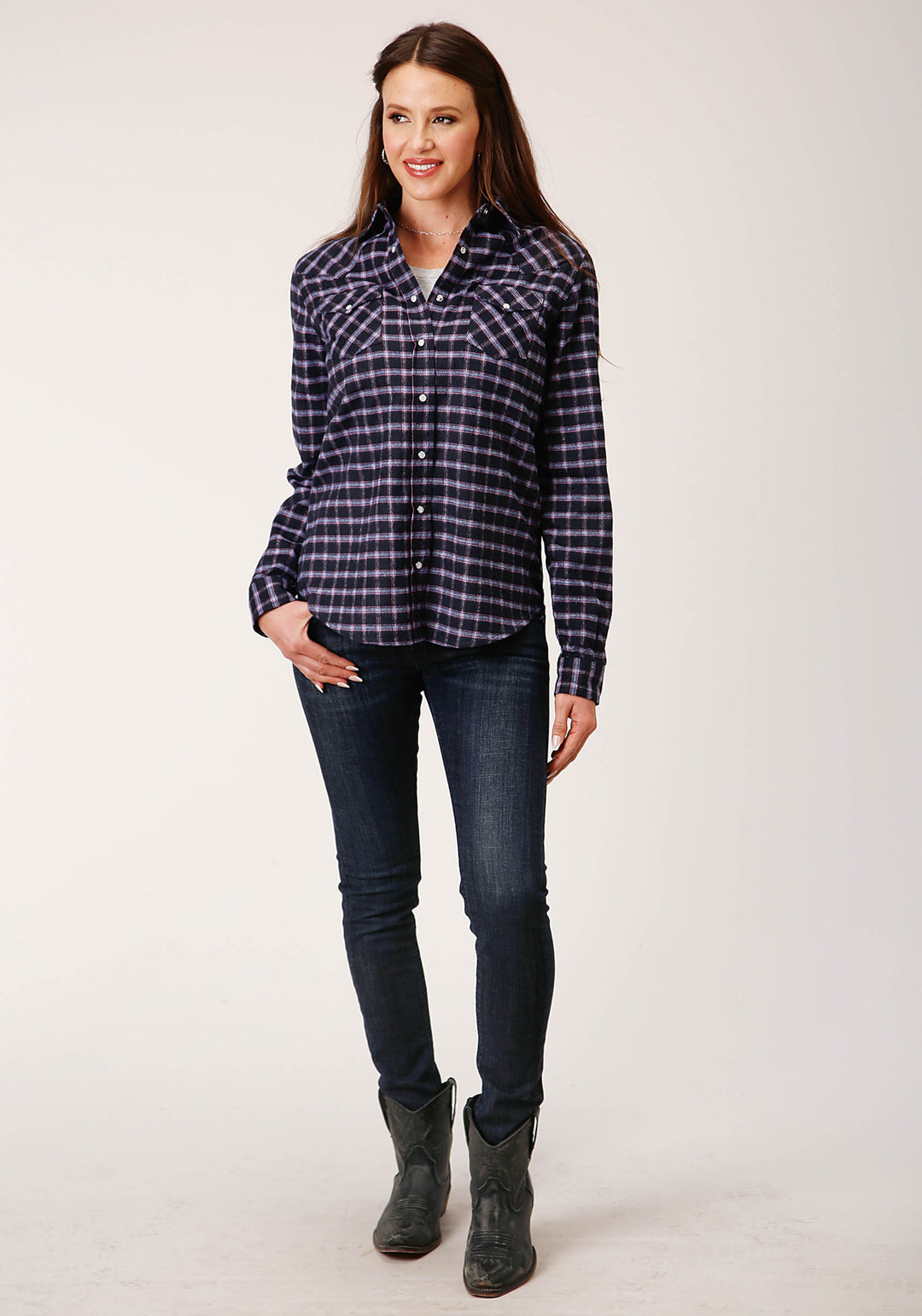 WOMENS LONG SLEEVE SNAP NAVY PINK WHITE PLAID UNLINED FLANNEL SHIRT WESTERN SHIRT